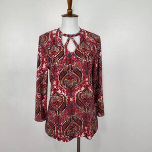 Jones Studio Red Pullover 3/4 Sleeve Paisley Top With Cutouts NEW NWT Size XS